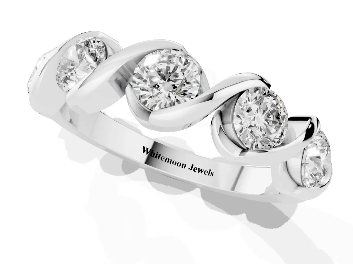 Round Diamond Wave Band with Channel Setting and Shared Prongs White gold