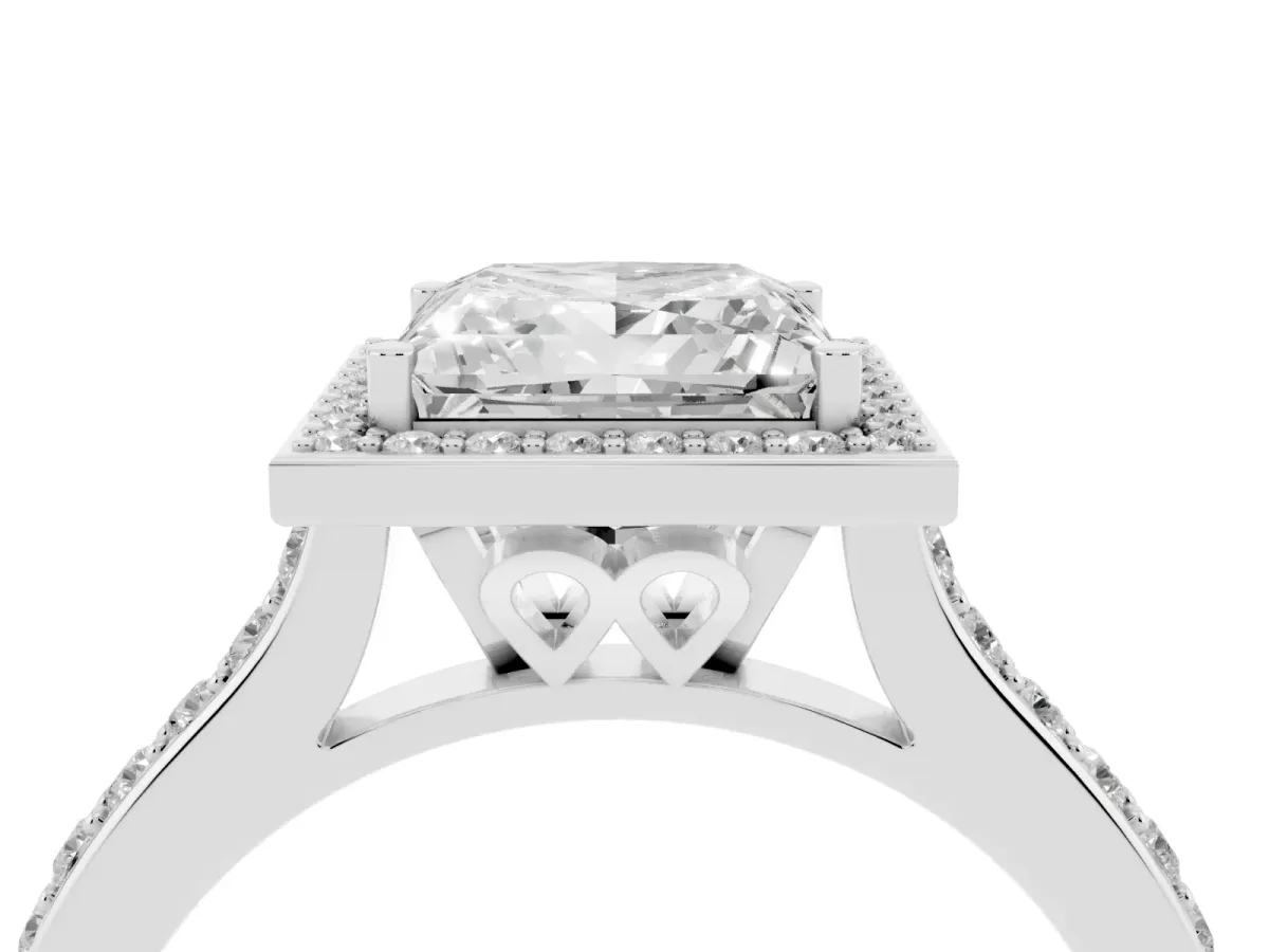 Princess Cut Diamond Halo Engagement Ring with Round Pavé Shoulders and Prong Setting Silver