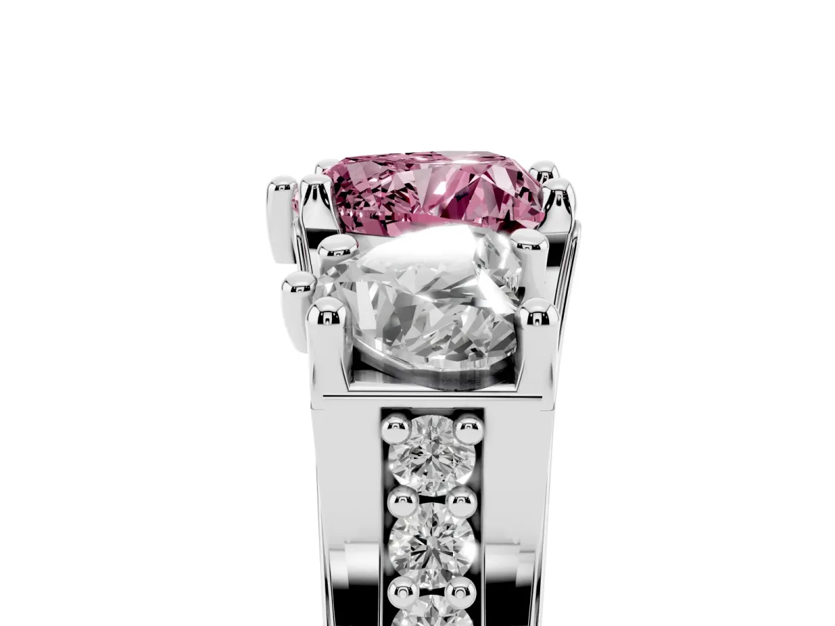 Fancy Pink Heart Cut Diamond Three-Stone Ring with Channel Set Band and Four-Prong Setting Silver