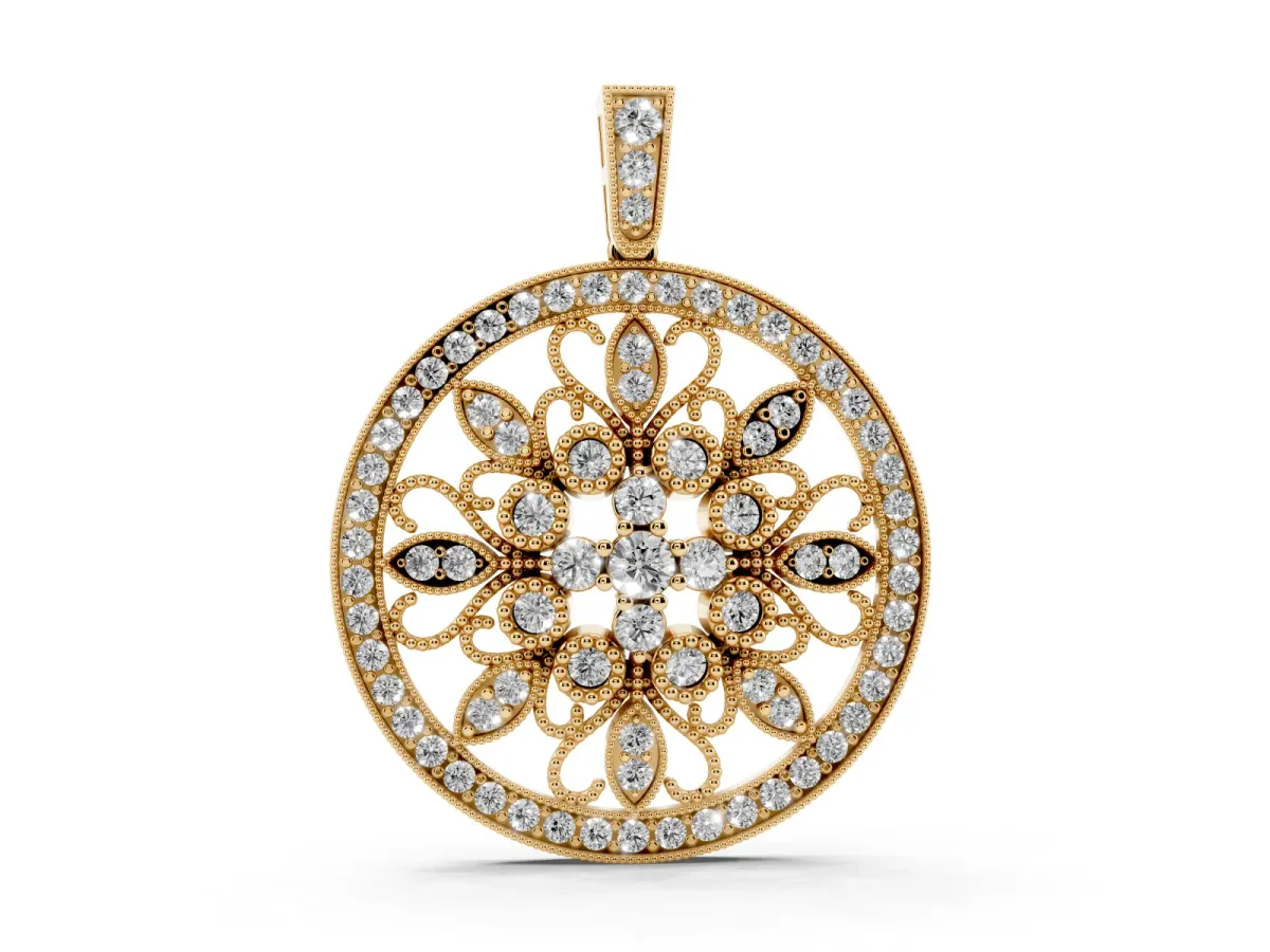 Round Pavé Diamond Filigree Pendant Yellow gold
