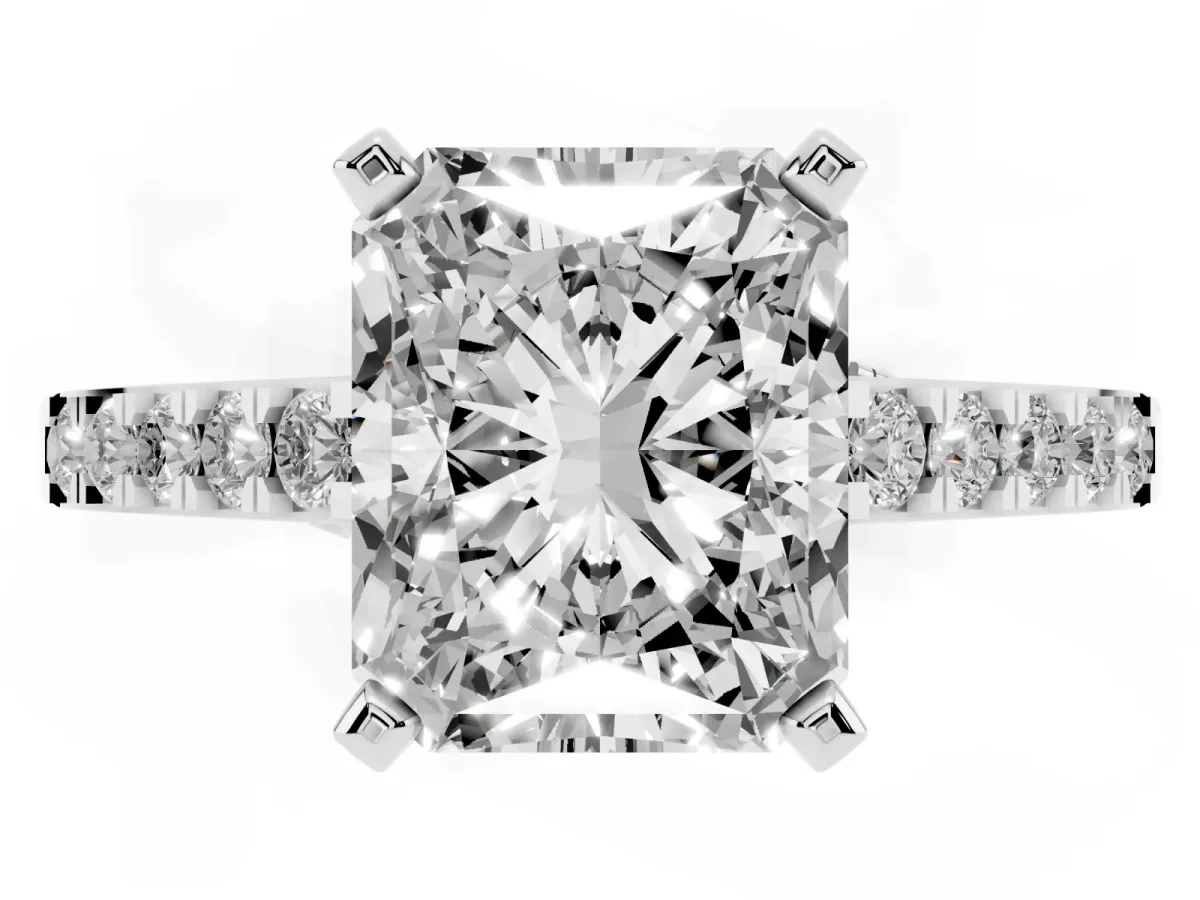 Radiant Cut Diamond Solitaire Ring with Crossover Gallery and Round Pavé Band Platinum