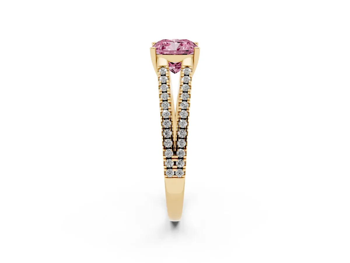 Fancy Pink Cushion Cut Diamond Solitaire Engagement Ring with Split Shank Pavé Band Yellow gold