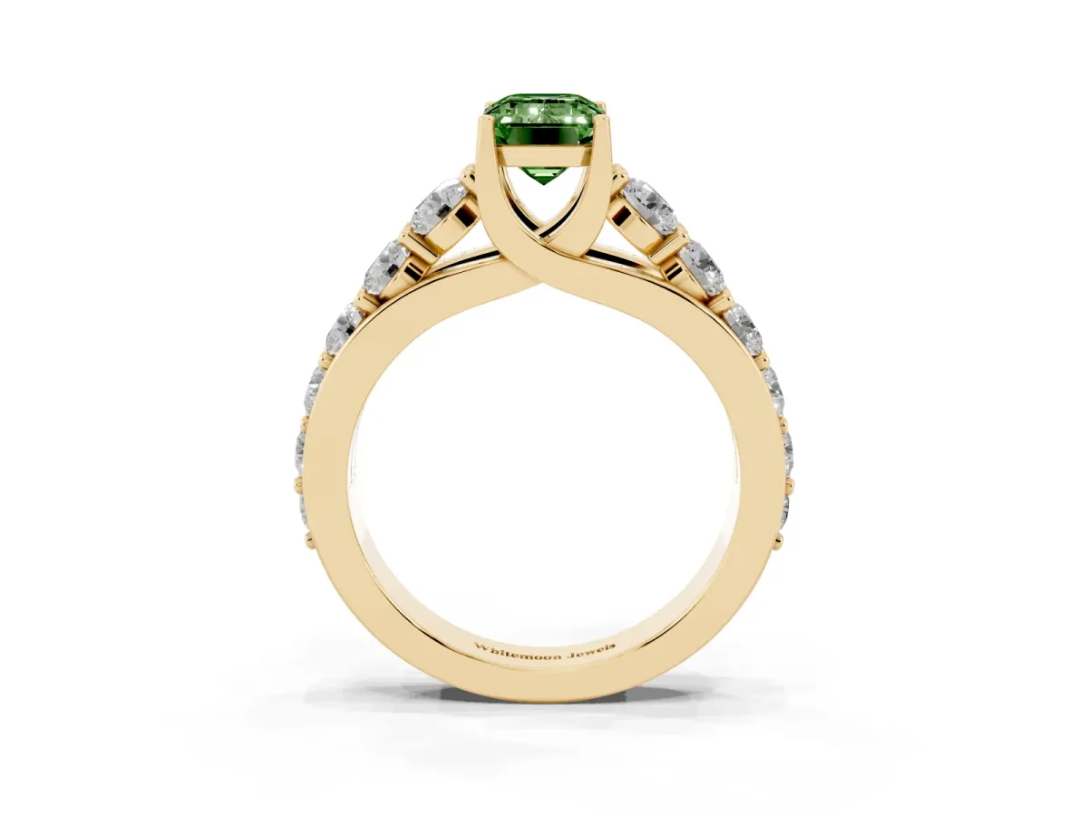 Fancy Green Emerald Cut Diamond Engagement Ring with Pavé Band and Four-Prong Setting Yellow gold