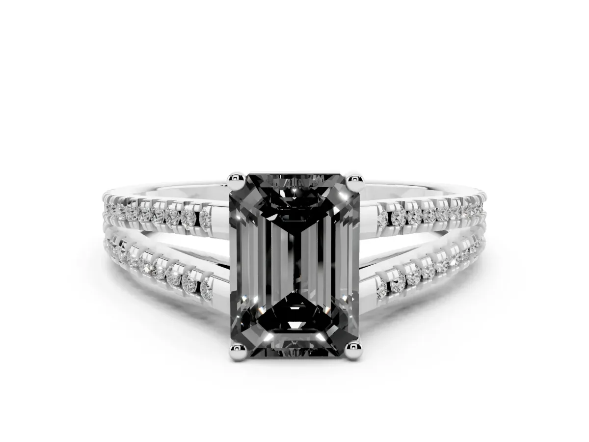 Fancy Black Emerald Cut Diamond Solitaire Engagement Ring with Split Shank Pavé Band Silver