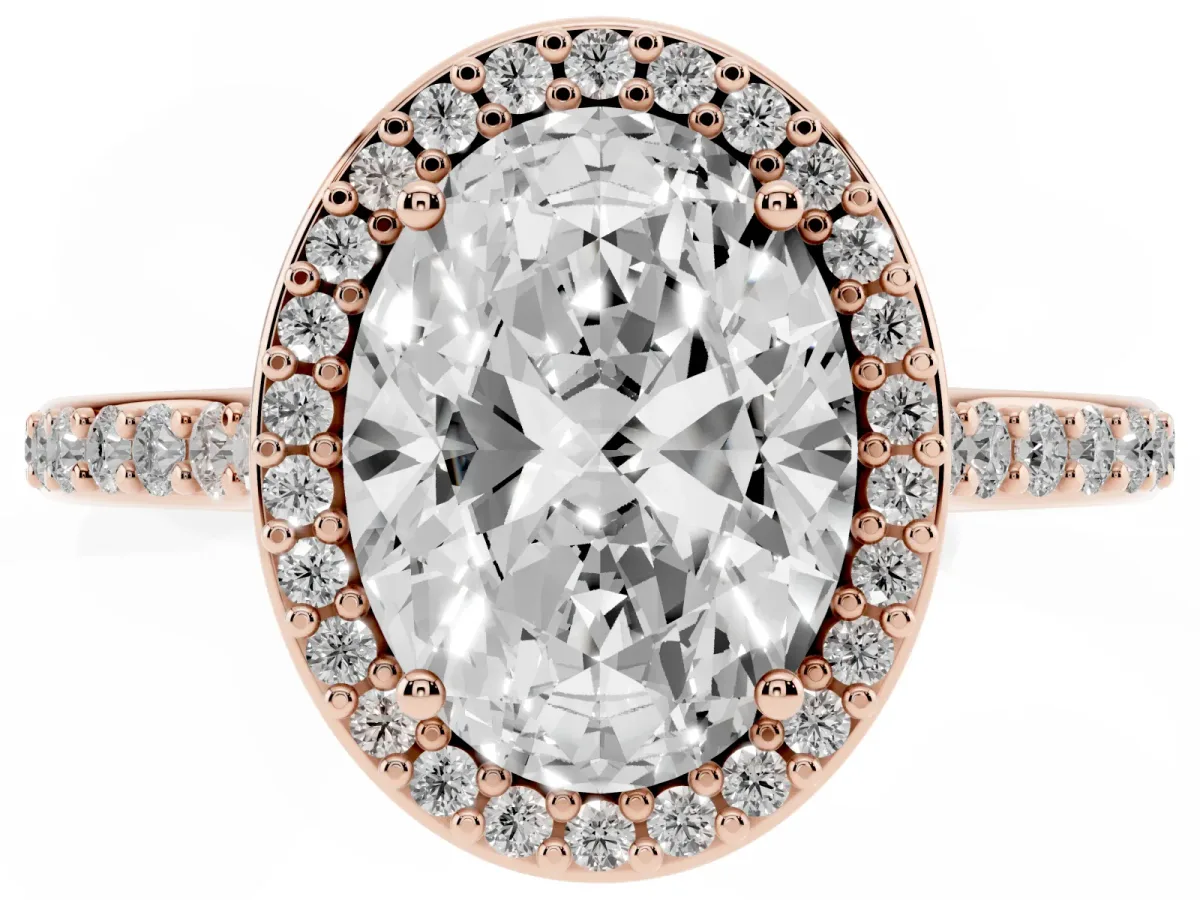 Oval Cut Diamond Halo Engagement Ring with Round Pavé Shoulders and Prong Setting Rose gold