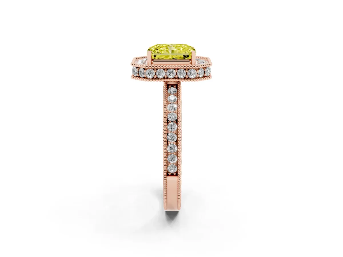 Fancy Yellow Radiant Cut Diamond Milgrain Halo Engagement Ring with Round Pavé Band and Prong Setting Rose gold