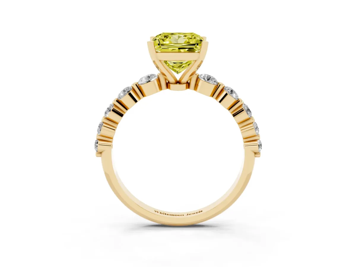 Fancy Yellow Princess Cut Solitaire Diamond Ring with Pave Band and Four-Prong Setting Yellow gold