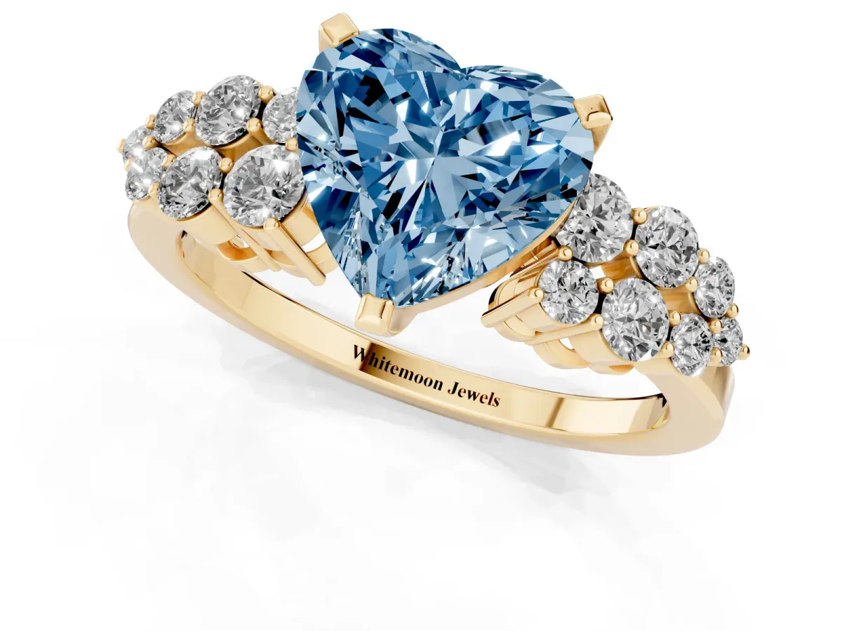 Fancy Blue Heart Cut Cluster Diamond Engagement Ring with Pavé Band and Four-Prong Setting Yellow gold