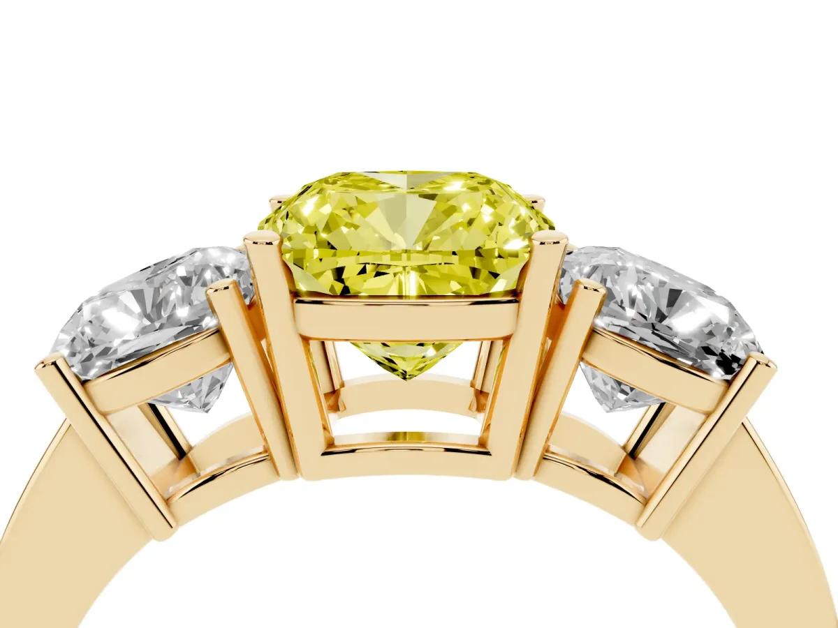 Fancy Yellow Three-Stone Cushion Cut Cut Diamond Engagement Ring with Flat Band and Four-Prong Setting Yellow gold