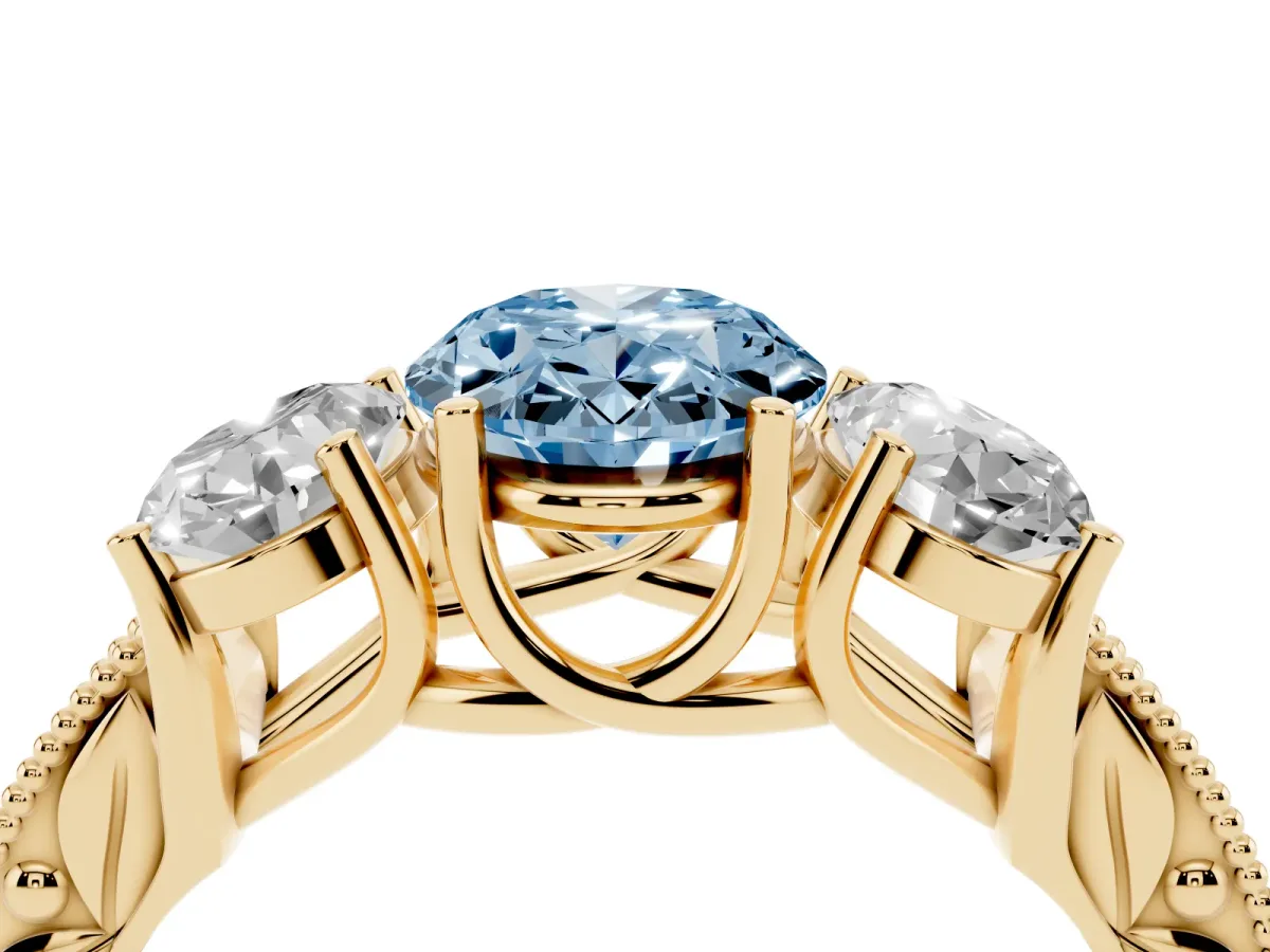 Fancy Blue Three-Stone Oval Cut Cut Milgrain Pavé Engagement Ring Yellow gold