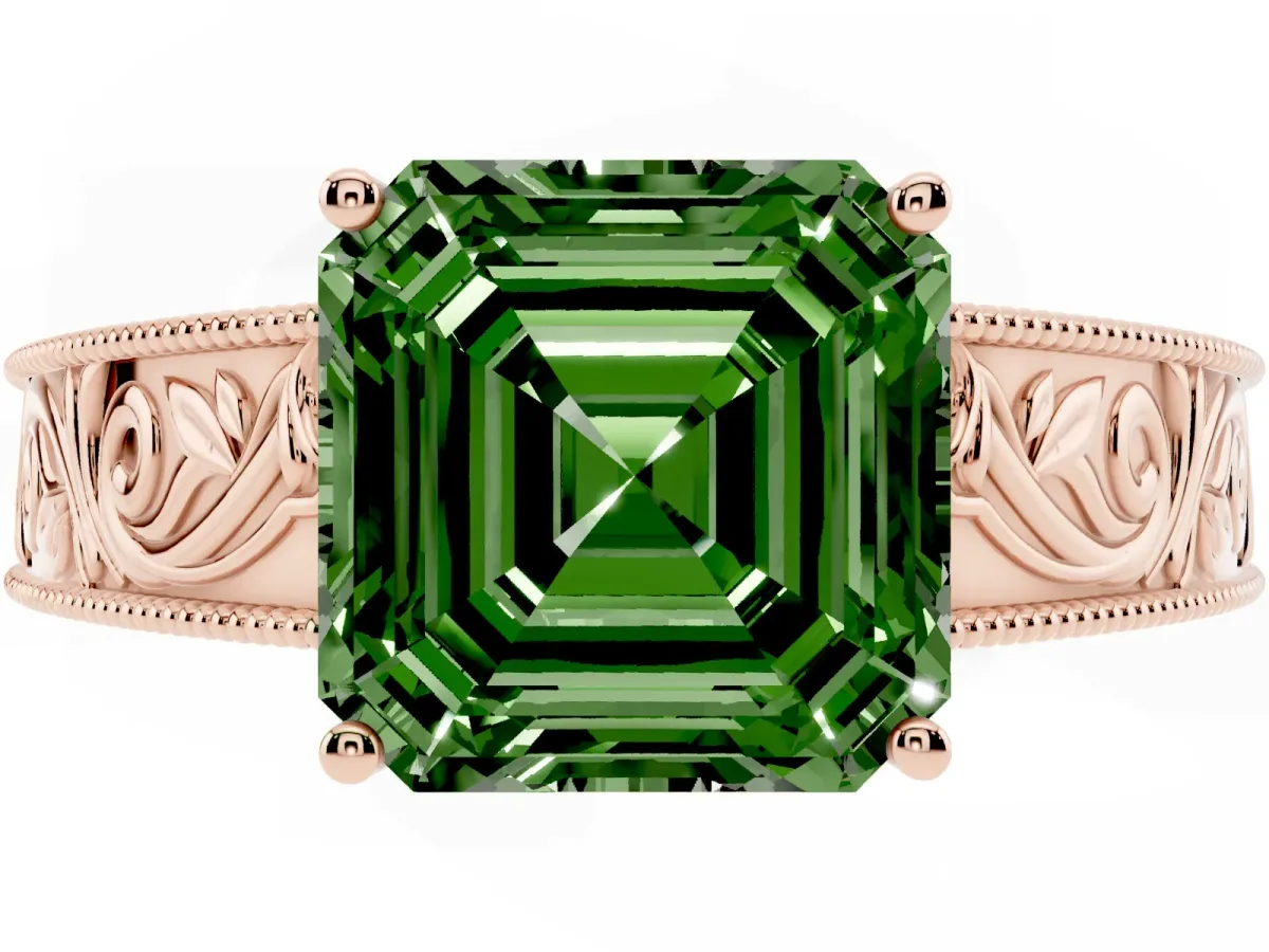 Fancy Green Asscher Cut Diamond Solitaire Ring with Engraved Band and Four-Prong Setting Rose gold