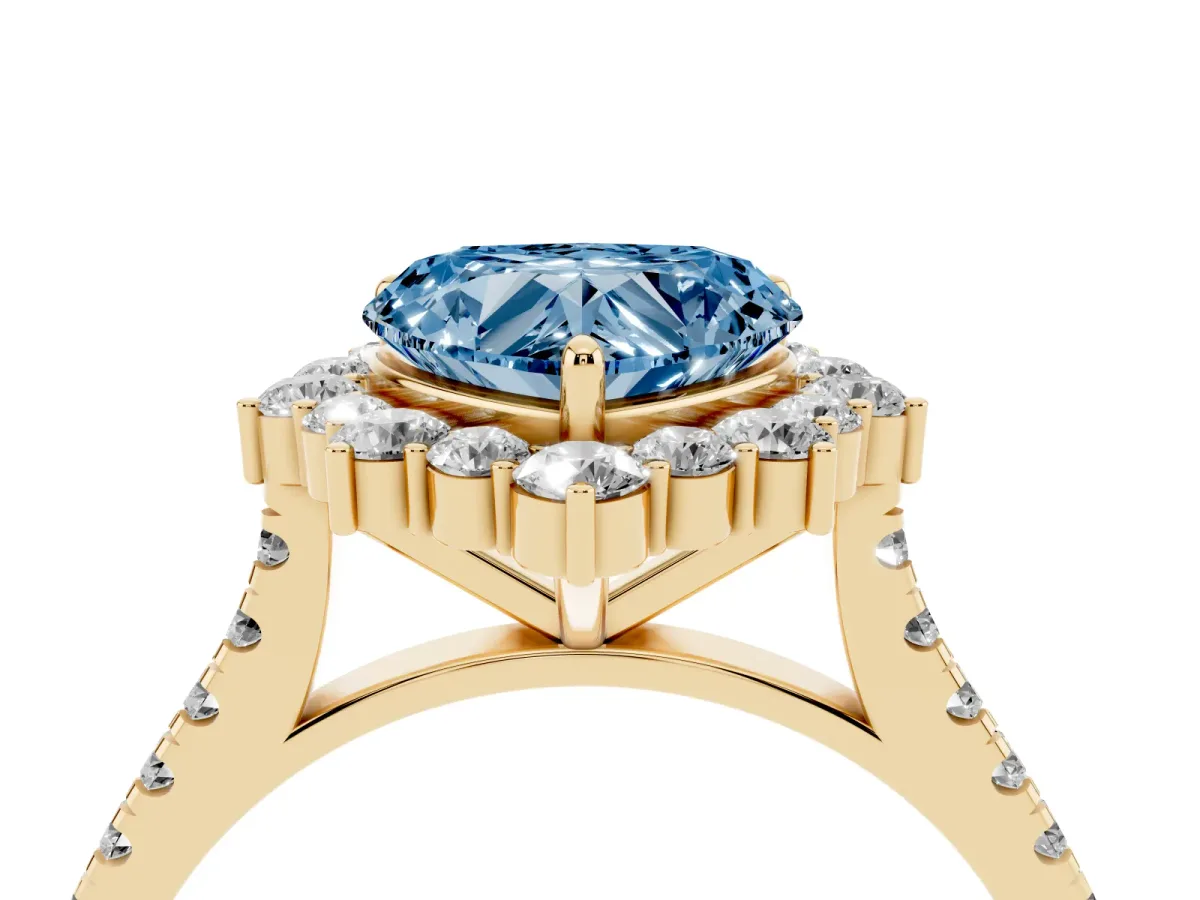 Fancy Blue Heart Cut Halo Diamond Ring with Pavé Band and Prong Setting Yellow gold