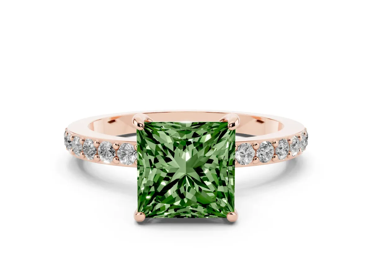 Fancy Green Princess Cut Diamond Solitaire Engagement Ring with Pavé Band and Four-Prong Setting Rose gold