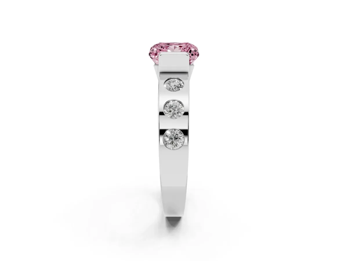 Fancy Pink Princess Cut Brilliant Channel-Set Diamond Ring with Bezel Prong Setting Silver