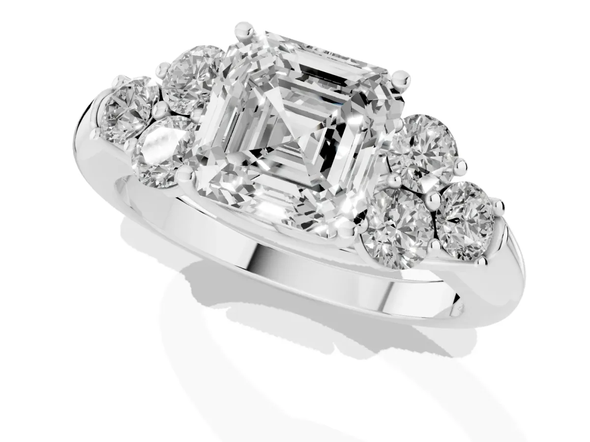 Asscher Cut Cut Diamond Cluster Ring with Round Accent Stones and Prong Setting on a Classic Band Platinum