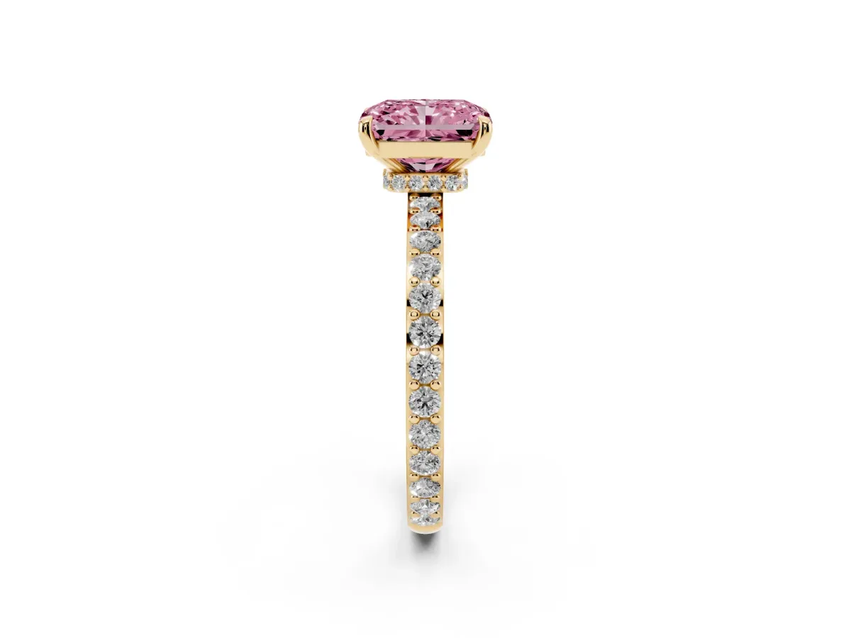 Fancy Pink Radiant Cut Diamond Pavé Engagement Ring with Round Accents and Prong Setting Yellow gold