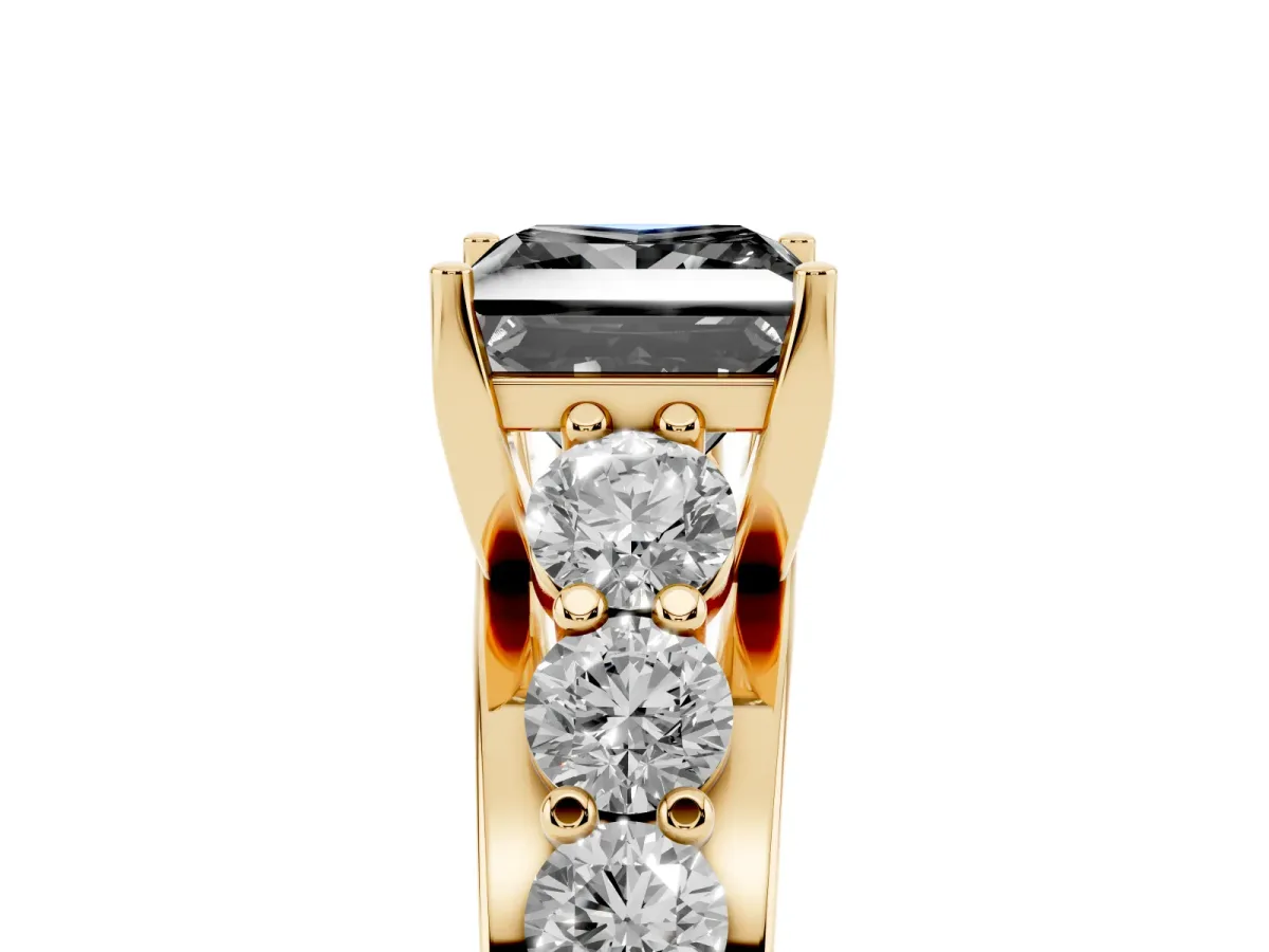 Fancy Black Princess Cut Diamond Engagement Ring with Pavé Band and Four-Prong Setting Yellow gold