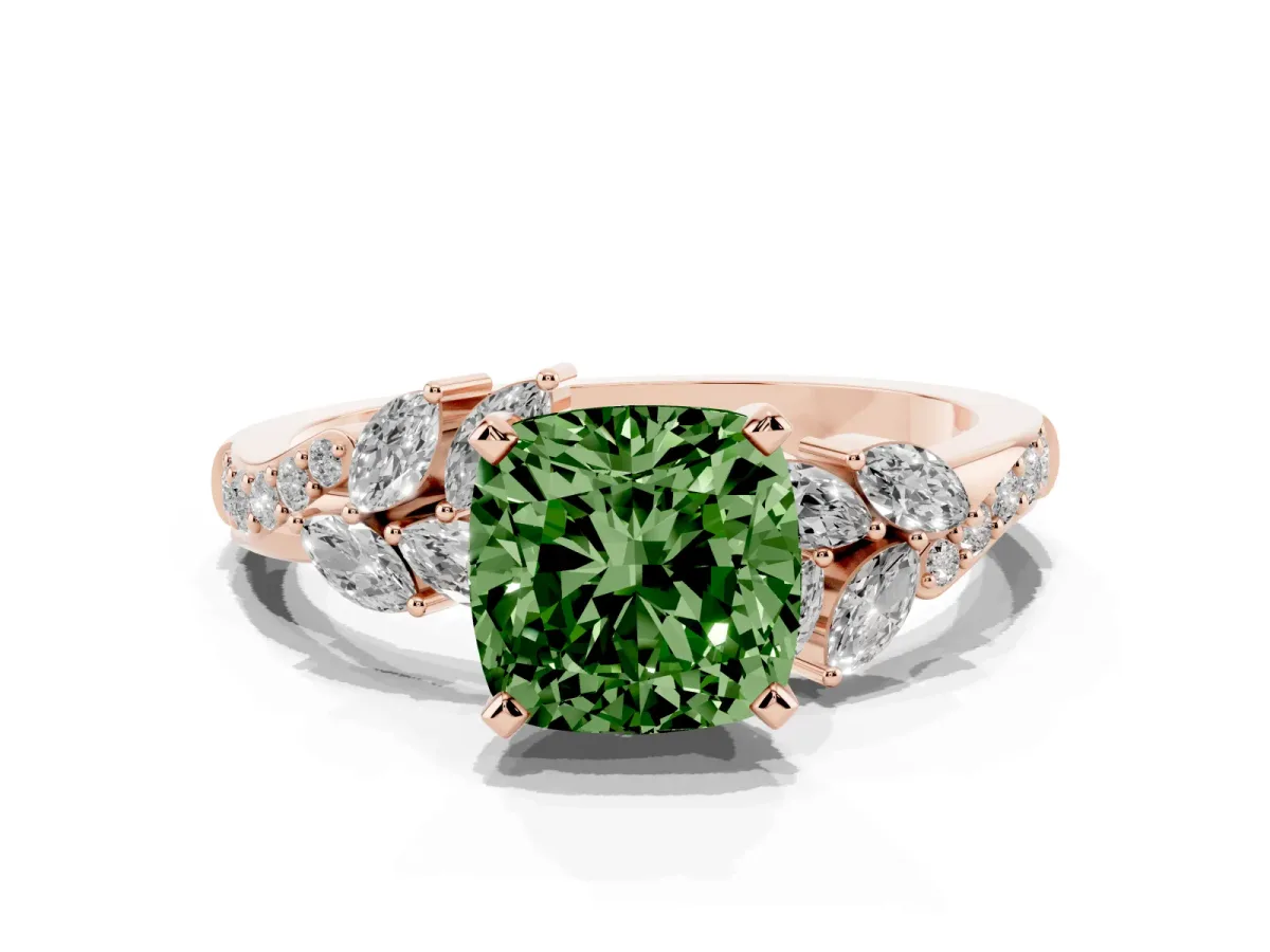 Fancy Green Cushion Cut Solitaire Marquise Twist Band with Six-Prong Setting Rose gold