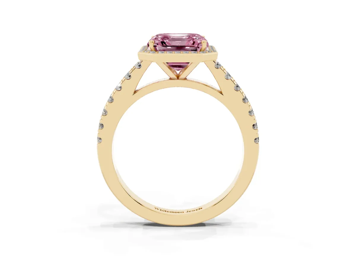 Fancy Pink Asscher Cut Cut Halo Diamond Engagement Ring with Pave Band and Four-Prong Setting Yellow gold
