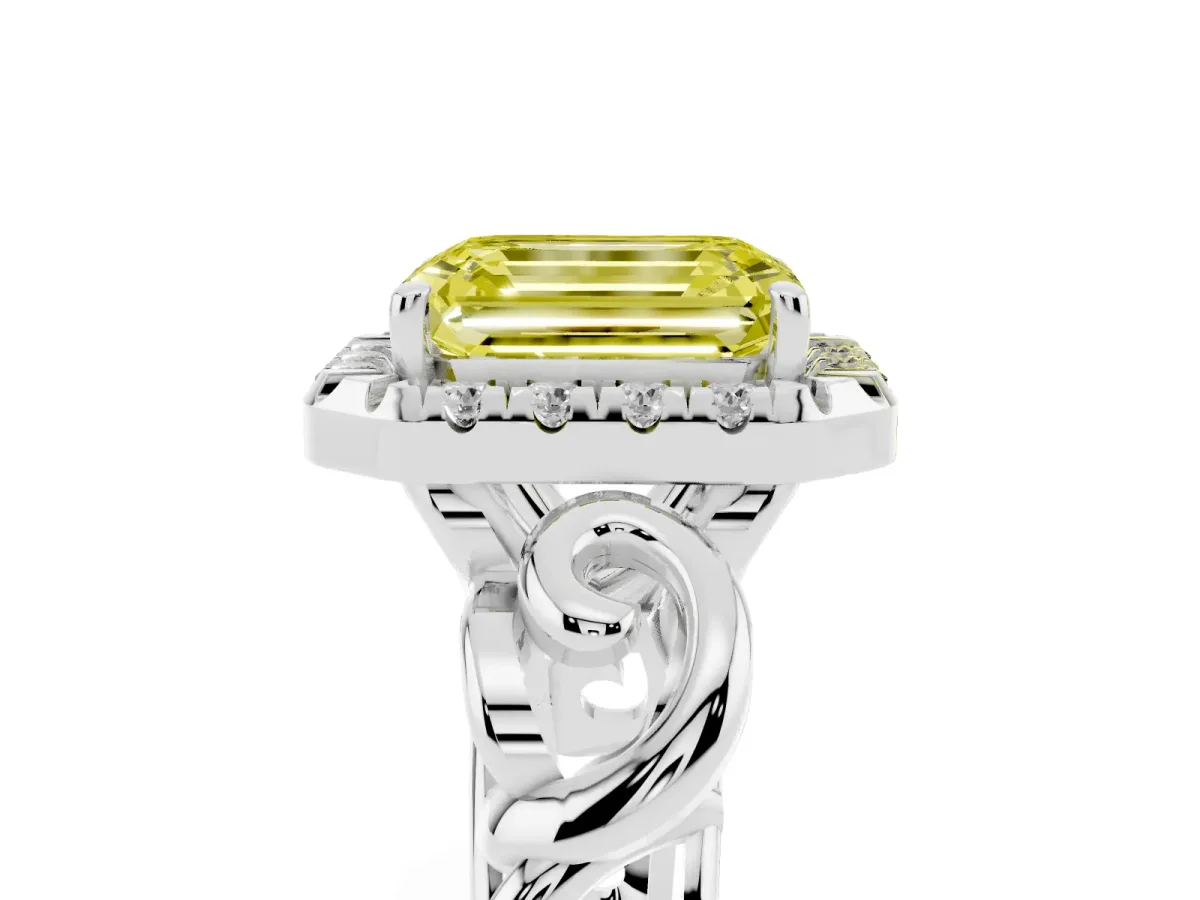 Fancy Yellow Emerald Cut Cut Halo Diamond Ring with Scrollwork Band and Four-Prong Setting Silver