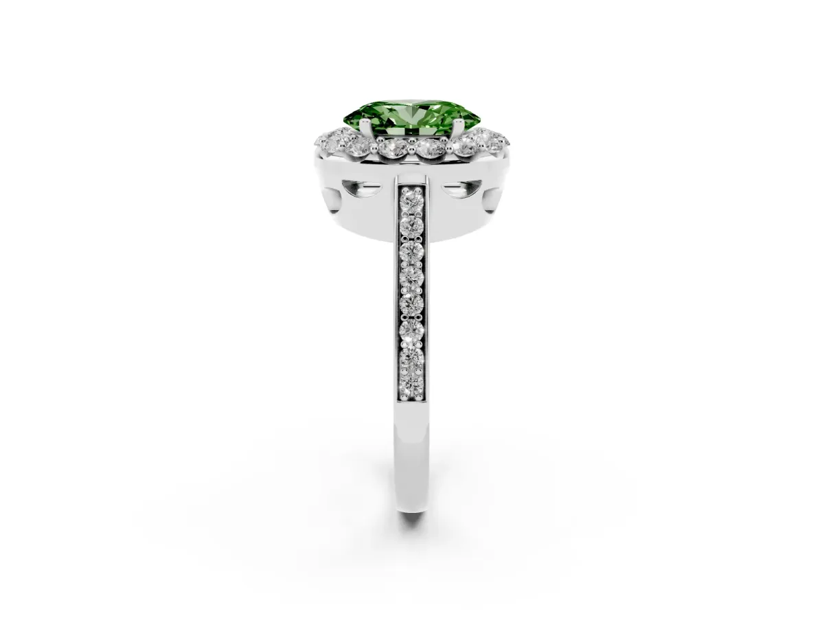 Fancy Green Oval Cut Diamond Floral Halo Ring with Pavé Band and Prong Setting White gold