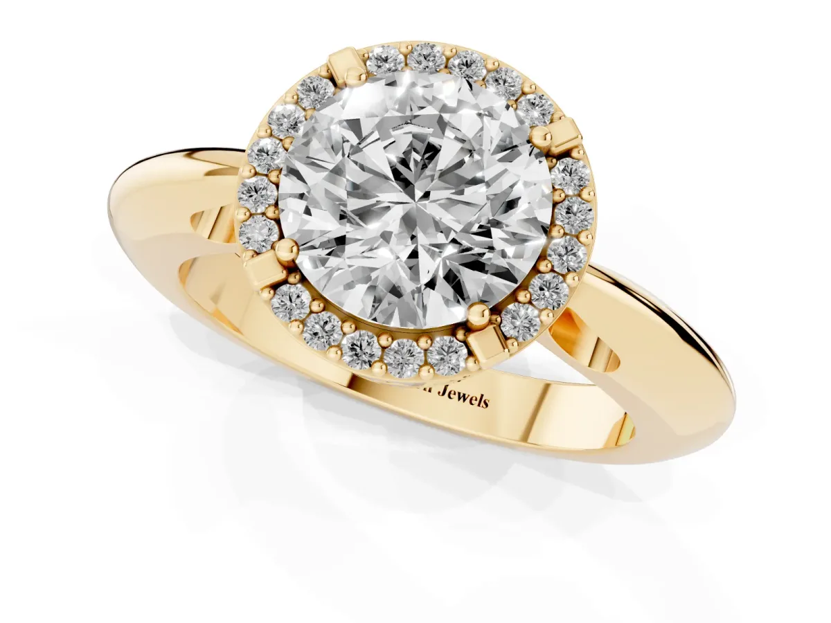 Round Cut Cut Diamond Halo Engagement Ring with Split Shank and Four-Prong Setting Yellow gold