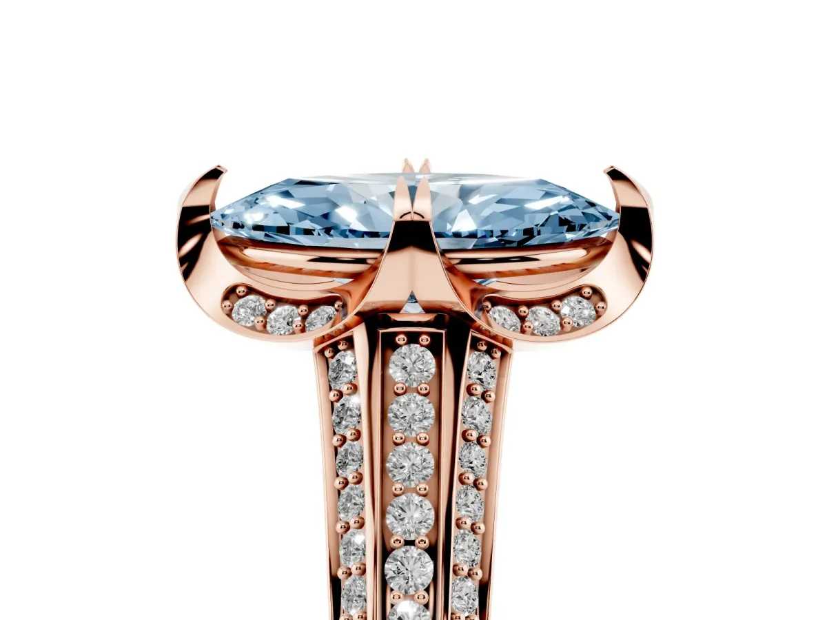 Fancy Blue Marquise Cut Solitaire Pave Split Shank Ring with Four-Prong Setting Rose gold