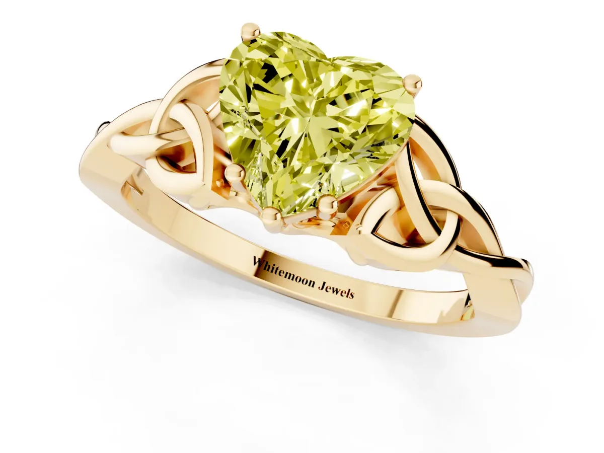 Fancy Yellow Heart Cut Diamond Solitaire Engagement Ring with Celtic Knot Band and Four-Prong Setting Yellow gold