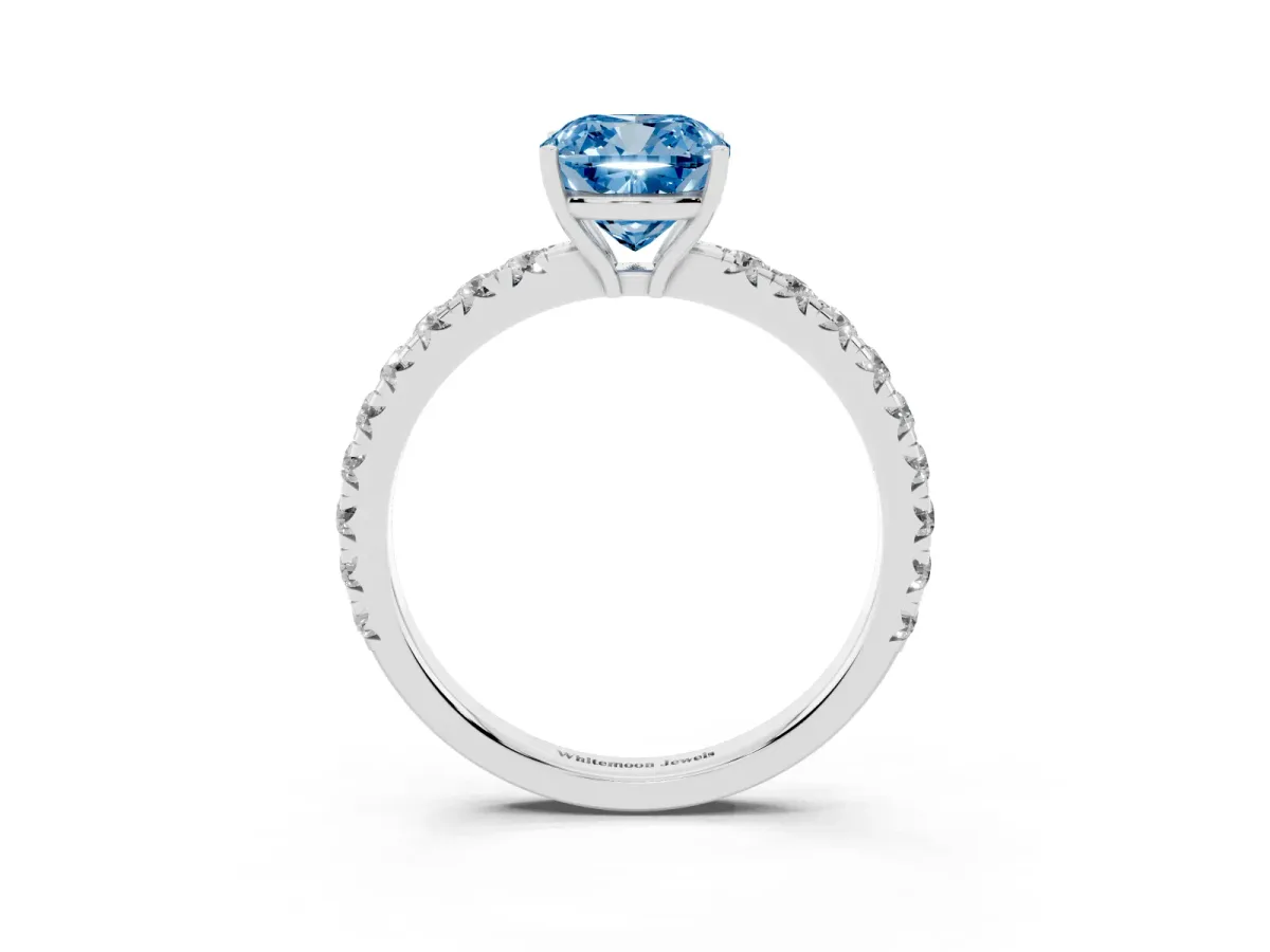 Fancy Blue Cushion Cut Diamond Pavé Solitaire Engagement Ring with Four-Prong Setting Silver