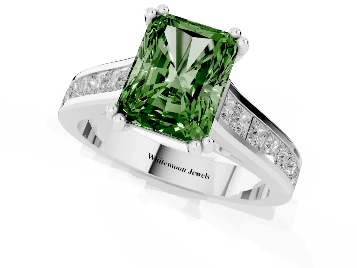 Fancy Green Radiant Cut Cut Channel Set Solitaire Engagement Ring with Prong Setting Silver