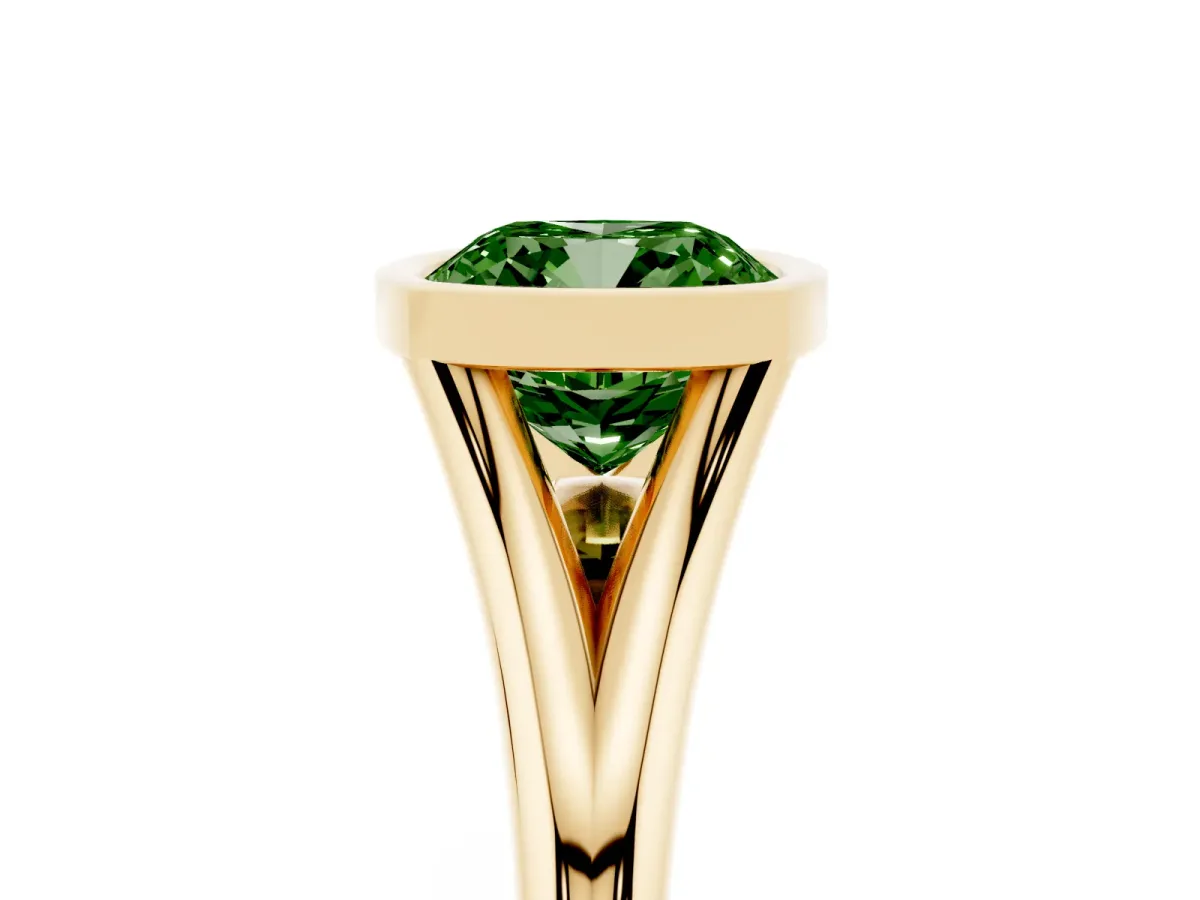 Fancy Green Bezel Set Cushion Cut Cut Solitaire Ring with Tapered Band Yellow gold