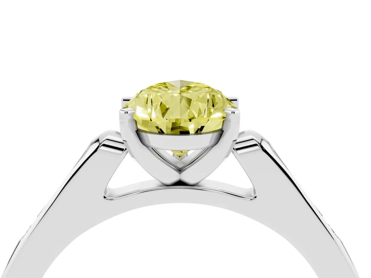 Fancy Yellow Pear Cut Diamond Solitaire Ring with Channel Set Round Band and Prong Setting Silver