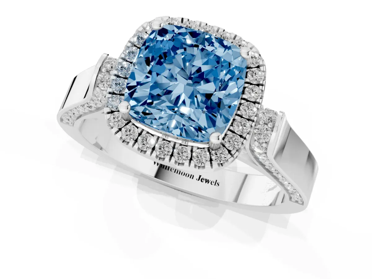 Fancy Blue Cushion Cut Halo Pave Split Shank Prong Setting Ring Silver