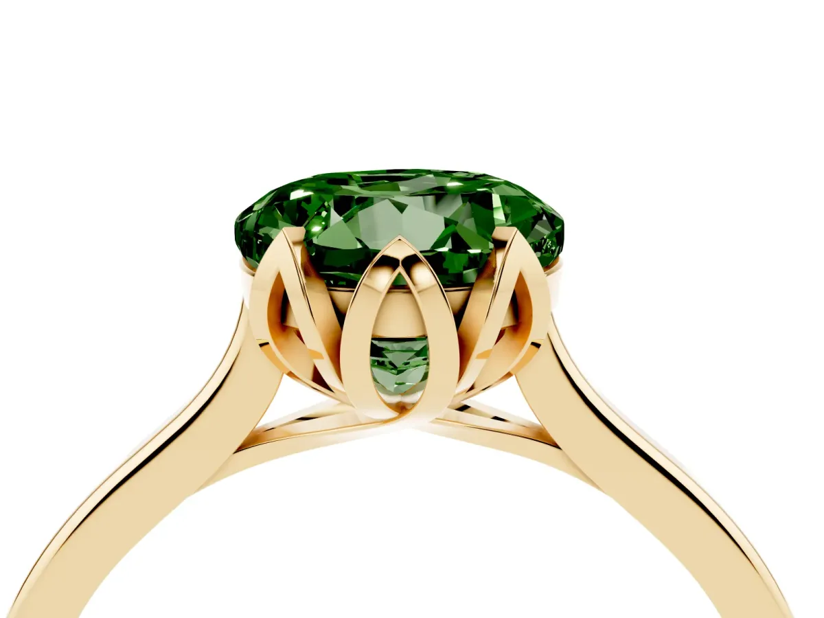 Fancy Green Round Cut Diamond Solitaire Ring with Flower Prong Setting and Classic Band Yellow gold