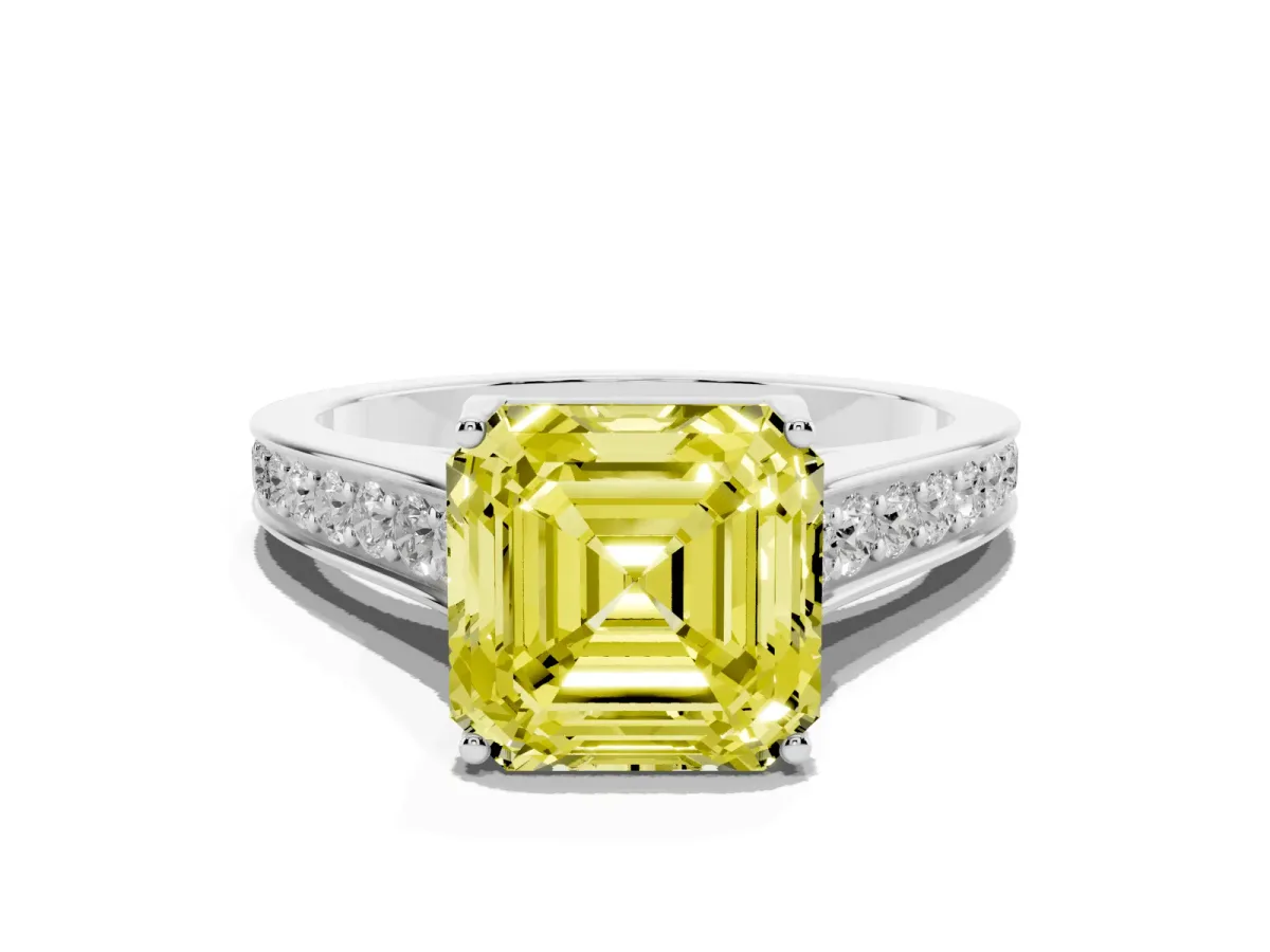 Fancy Yellow Asscher Cut Brilliant Cut Diamond Engagement Ring with Pavé Band and Four-Prong Setting Silver
