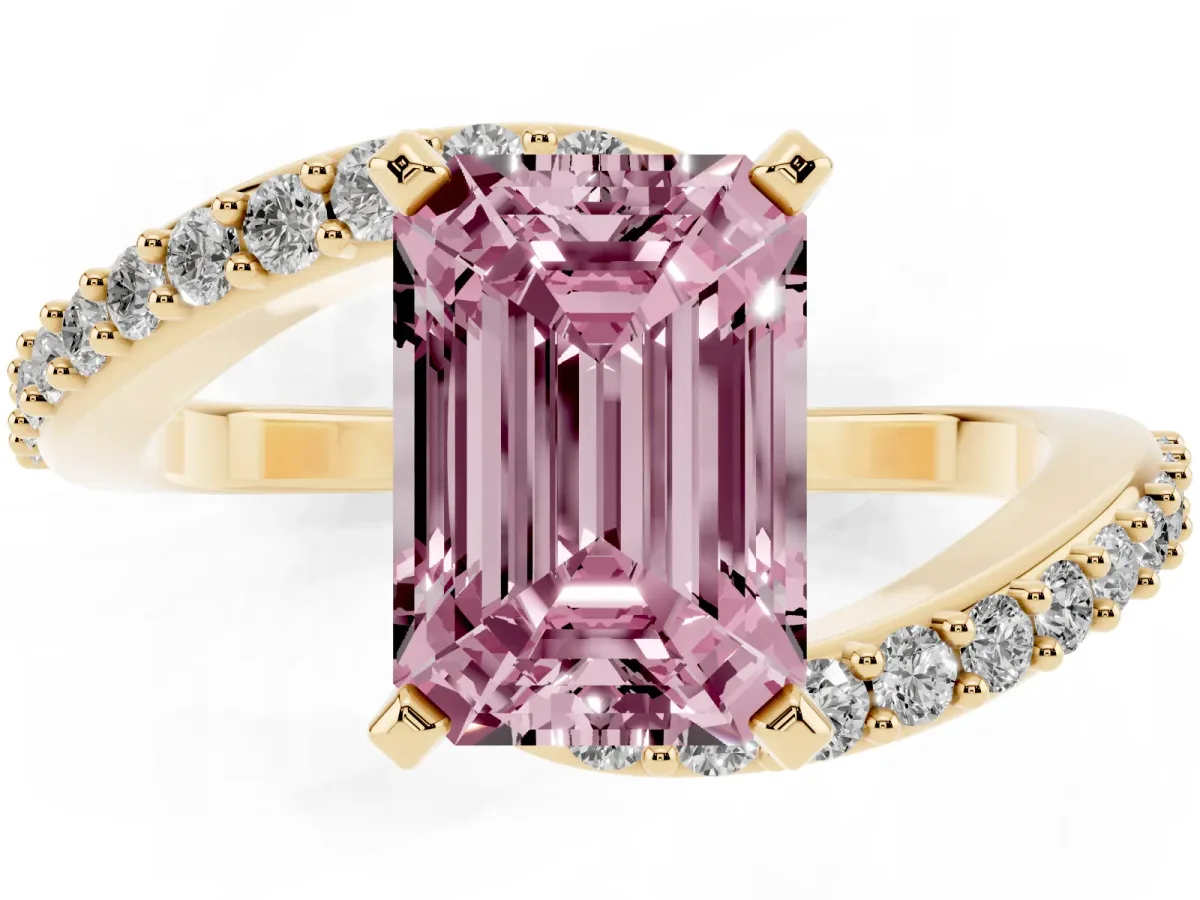 Fancy Pink Emerald Cut Solitaire Twist Band with Pave Set Diamonds and Four-Prong Setting Yellow gold