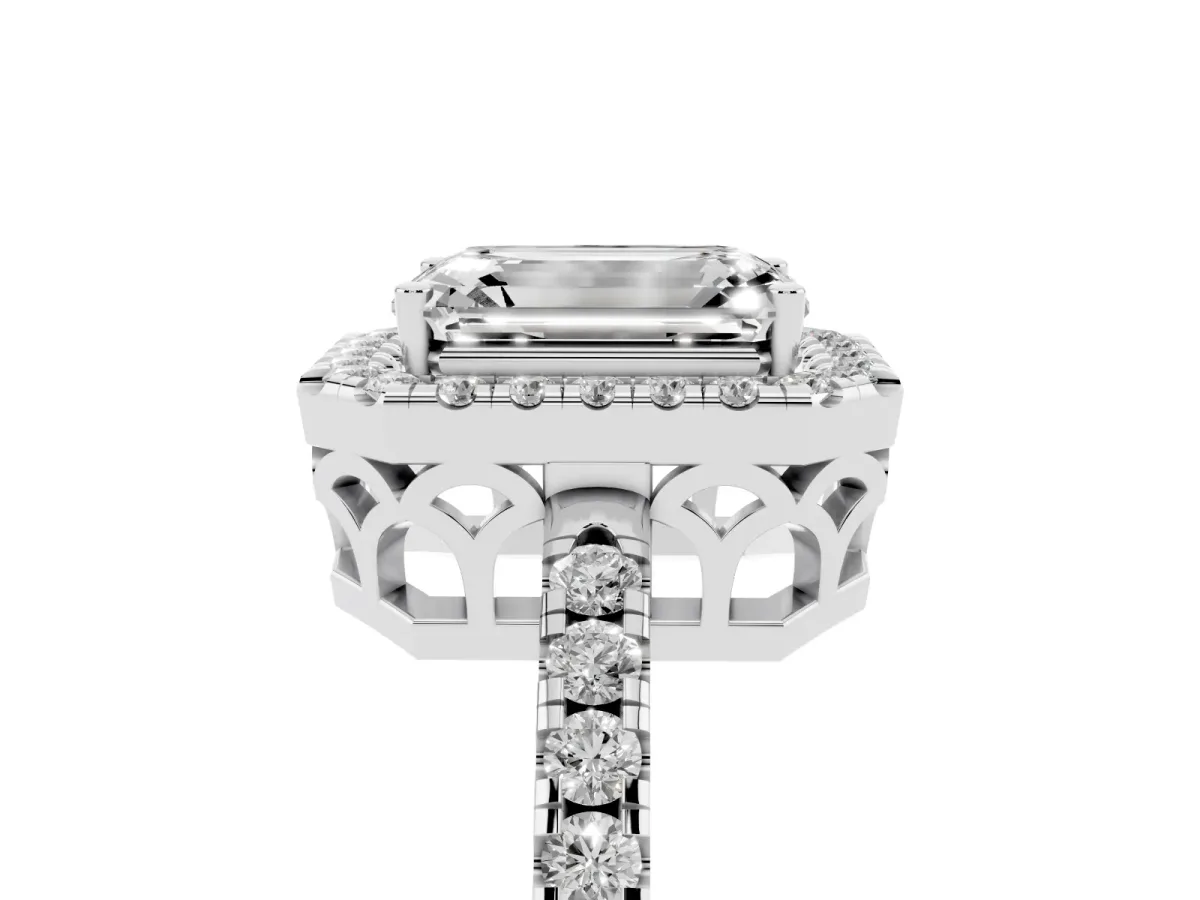 Emerald Cut Halo Diamond Engagement Ring with Pavé Band and Four-Prong Setting Silver