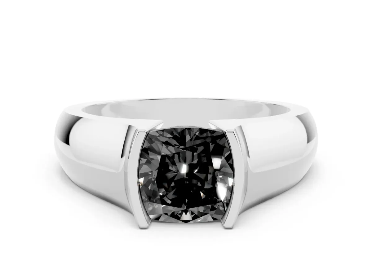 Fancy Black Cushion Cut Solitaire Bezel Set Diamond Ring with Wide Band Platinum