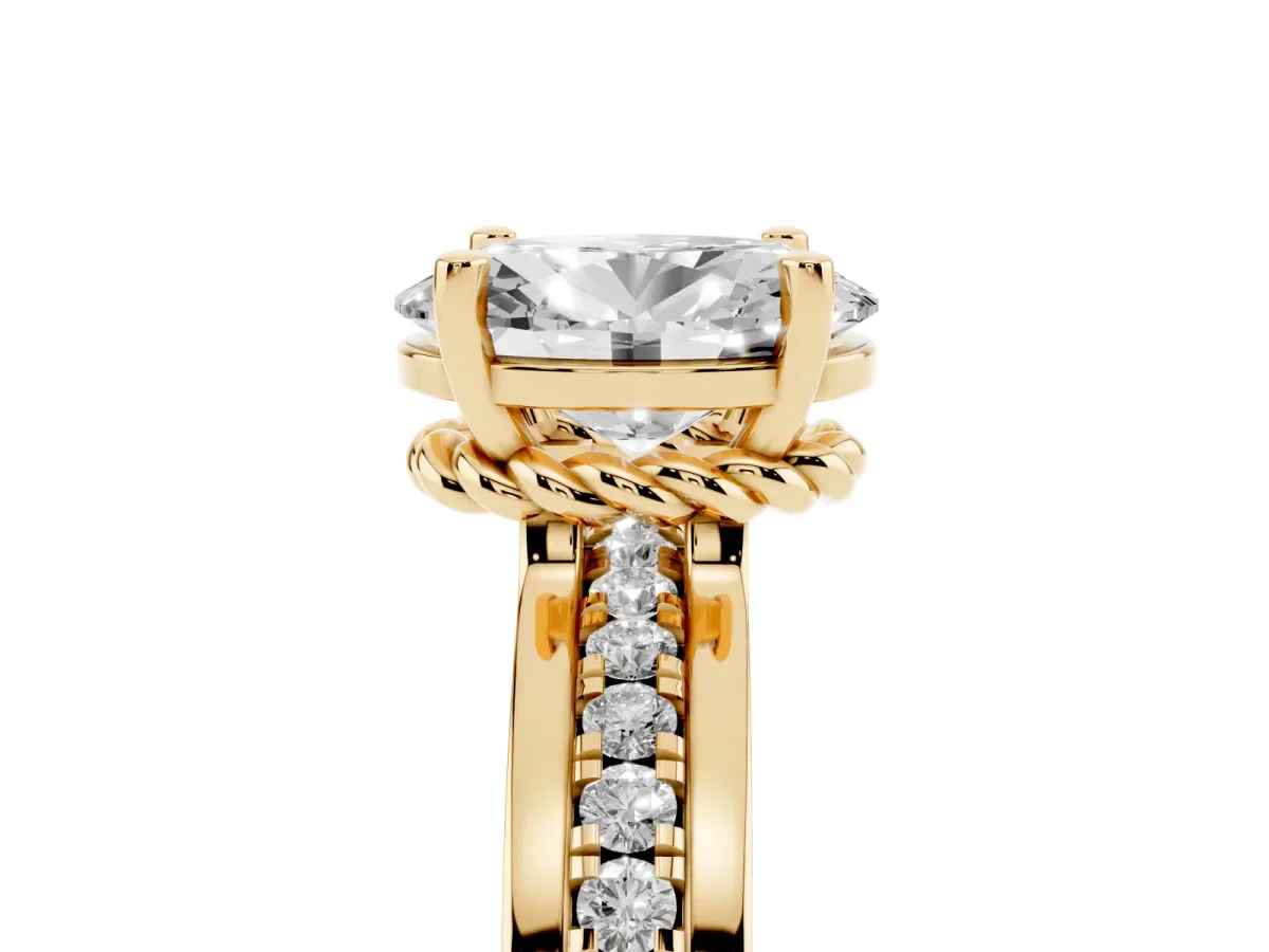 Oval Cut Solitaire Diamond Ring with Channel Set Band and Six-Prong Setting Yellow gold
