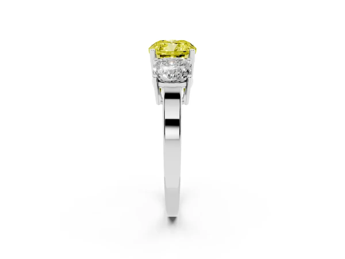 Fancy Yellow Three-Stone Cushion Cut Cut Diamond Engagement Ring with Flat Band and Four-Prong Setting Silver