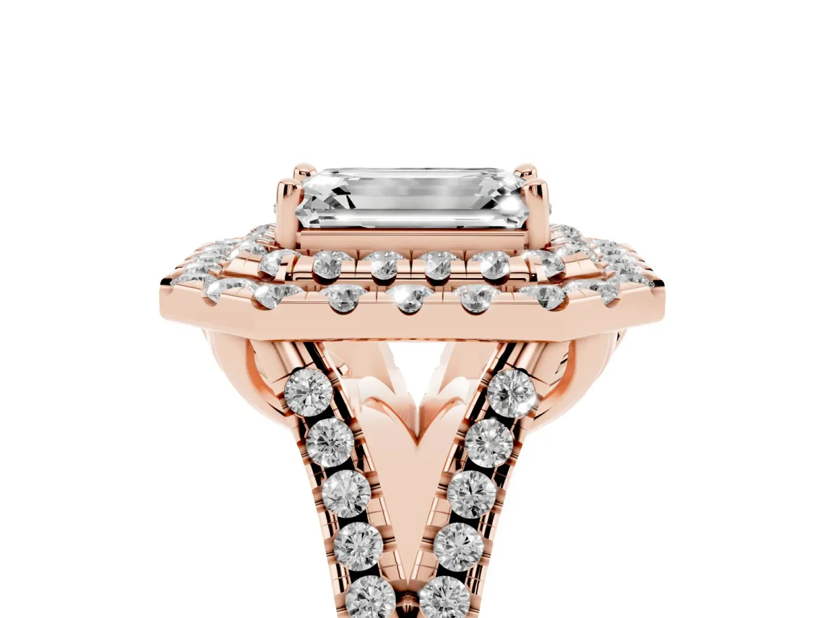Double Halo Emerald Cut Diamond Pavé Split Shank Ring with Prong Setting Rose gold