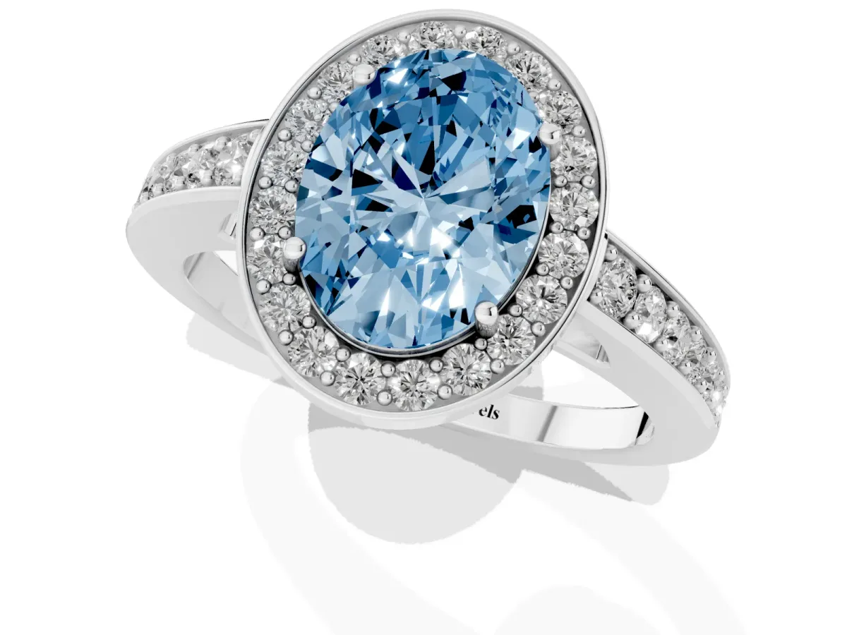 Fancy Blue Oval Cut Halo Pavé Diamond Engagement Ring with Bezel Setting Silver
