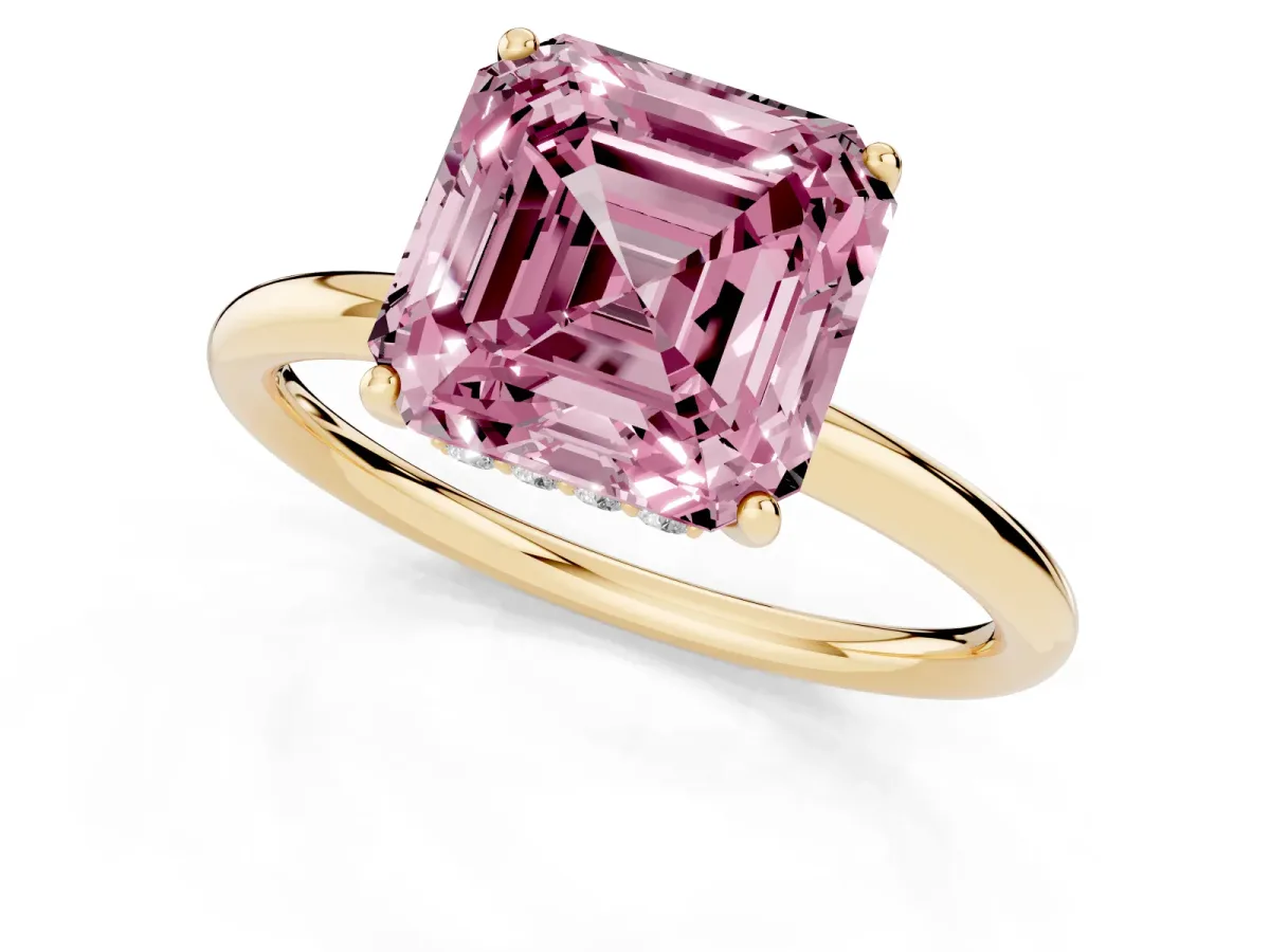 Fancy Pink Asscher Cut Solitaire Diamond Ring with a Classic Band and Four-Prong Setting Yellow gold