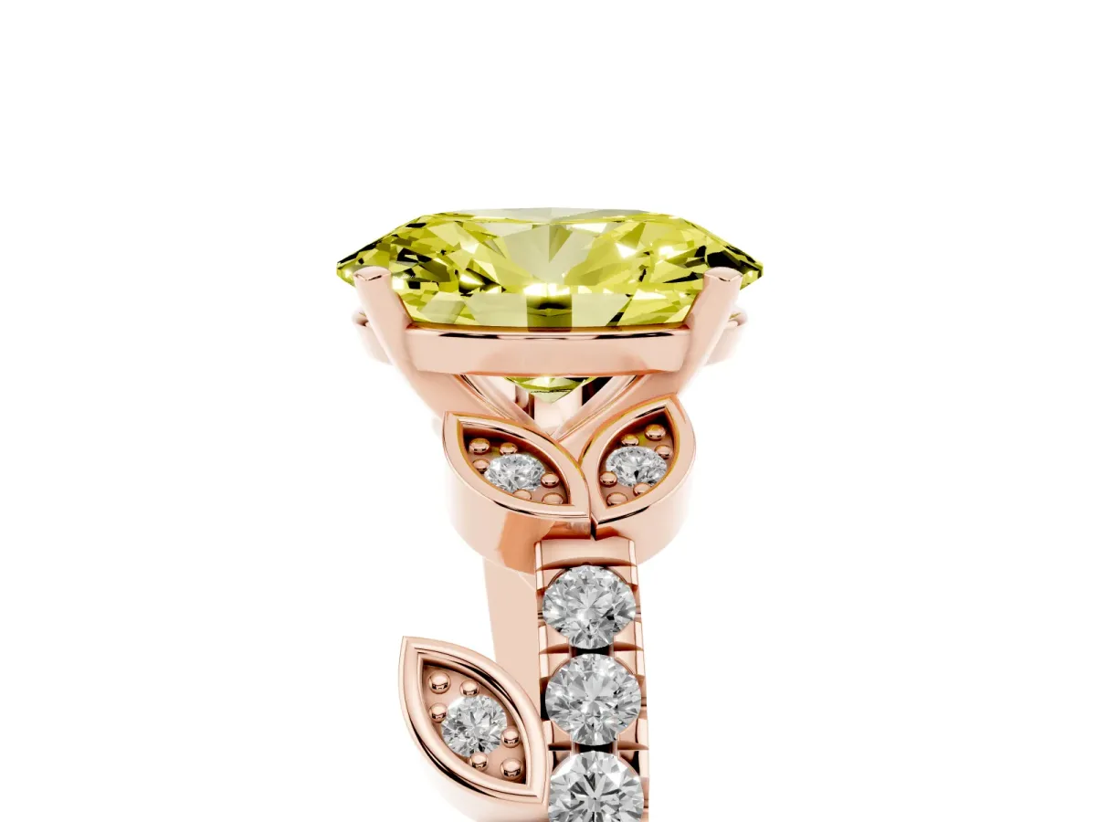 Fancy Yellow Oval Cut Solitaire Leaf-Inspired Diamond Ring with Pavé Band and Four-Prong Setting Rose gold