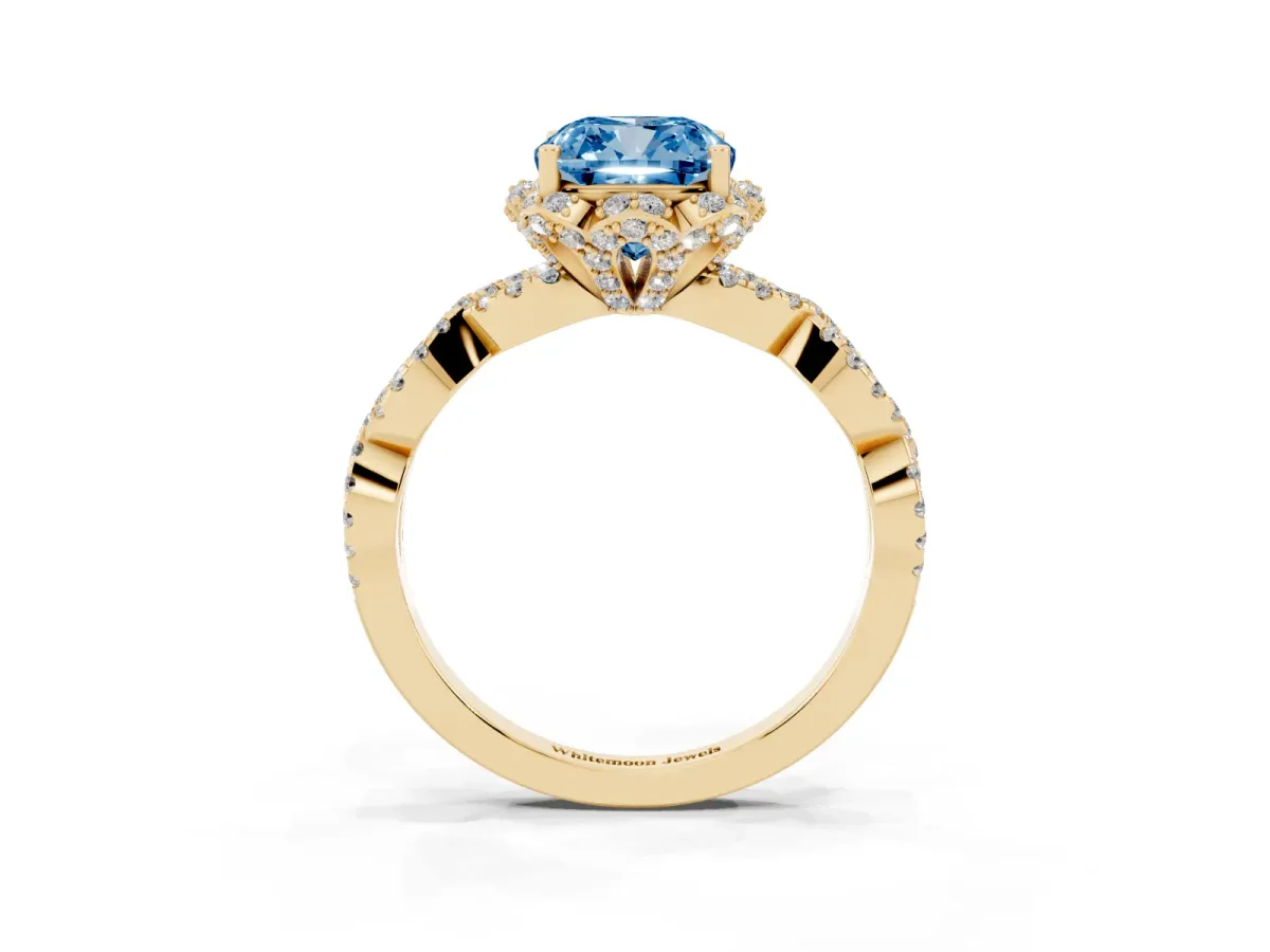 Fancy Blue Cushion Cut Halo Twist Band Solitaire Ring with Six-Prong Setting Yellow gold