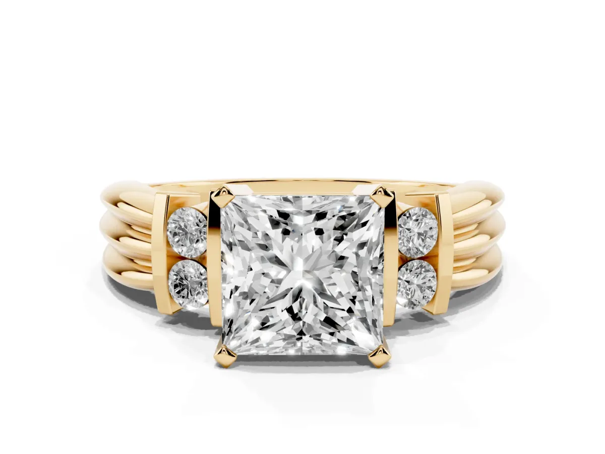 Princess Cut Cut Three-Stone Channel Set Ring with Bar Prongs Yellow gold