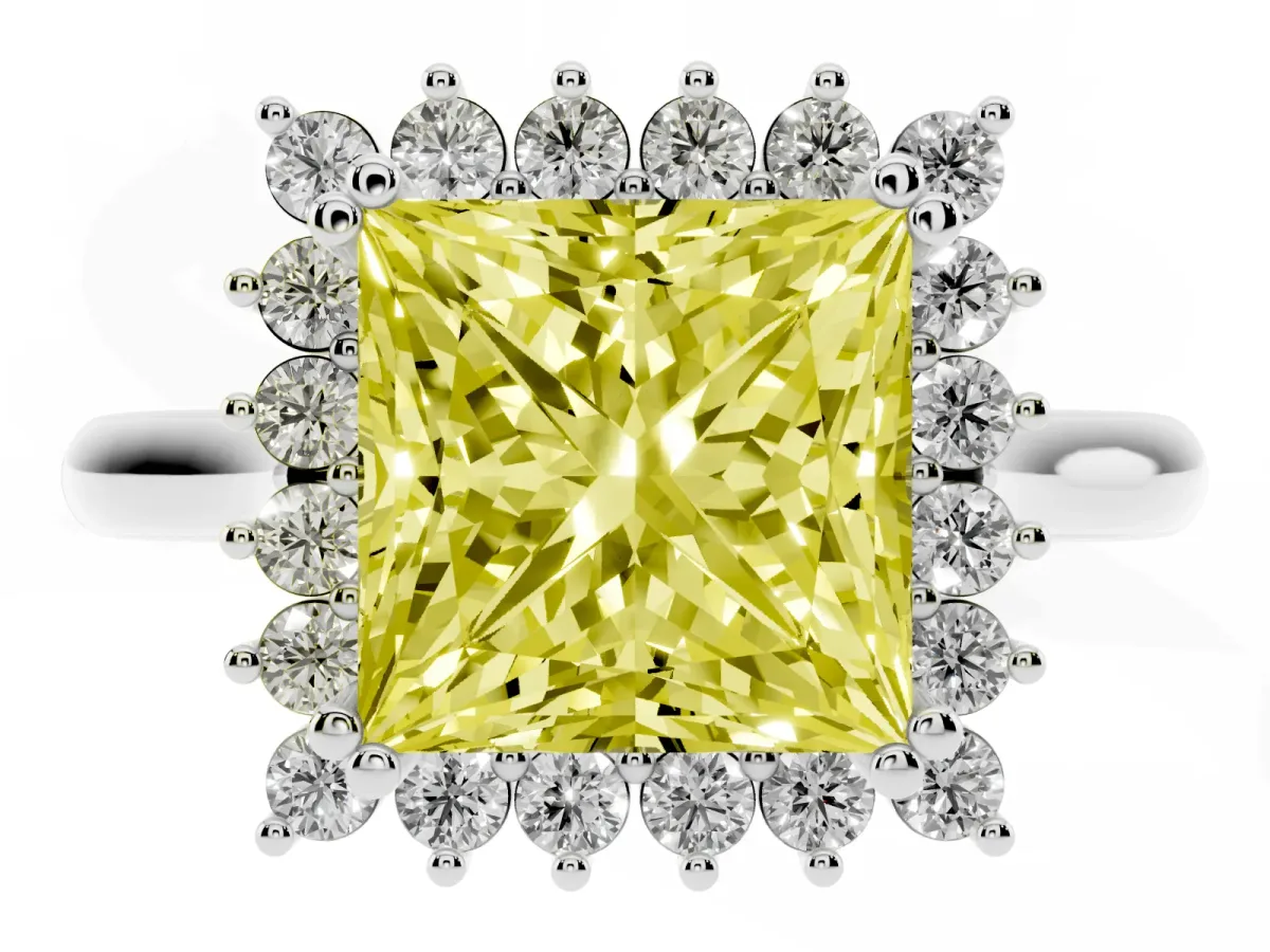 Fancy Yellow Princess Cut Cut Diamond Halo Ring with Solitaire Band and Prong Setting Silver
