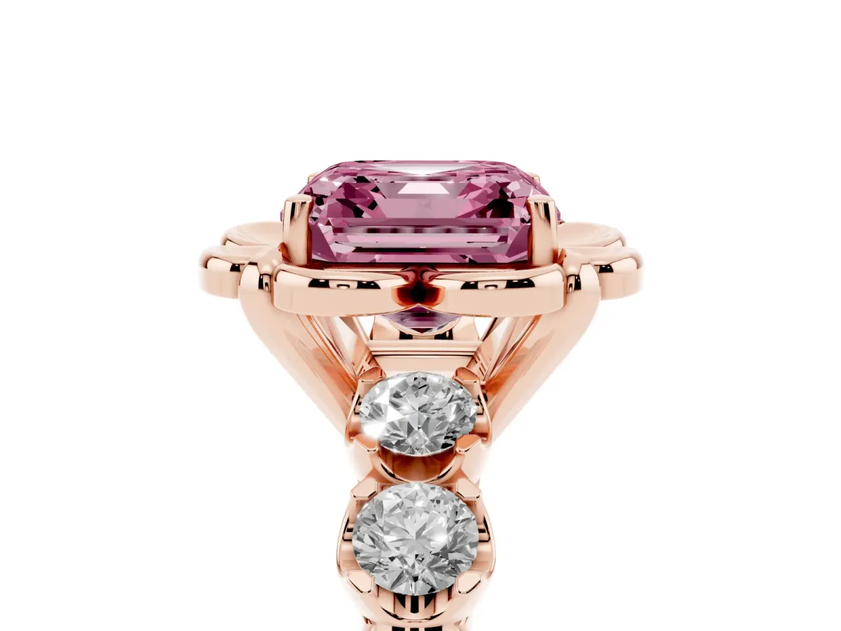 Fancy Pink Asscher Cut Cut Diamond Floral Halo Engagement Ring with Shared Prong Setting Rose gold