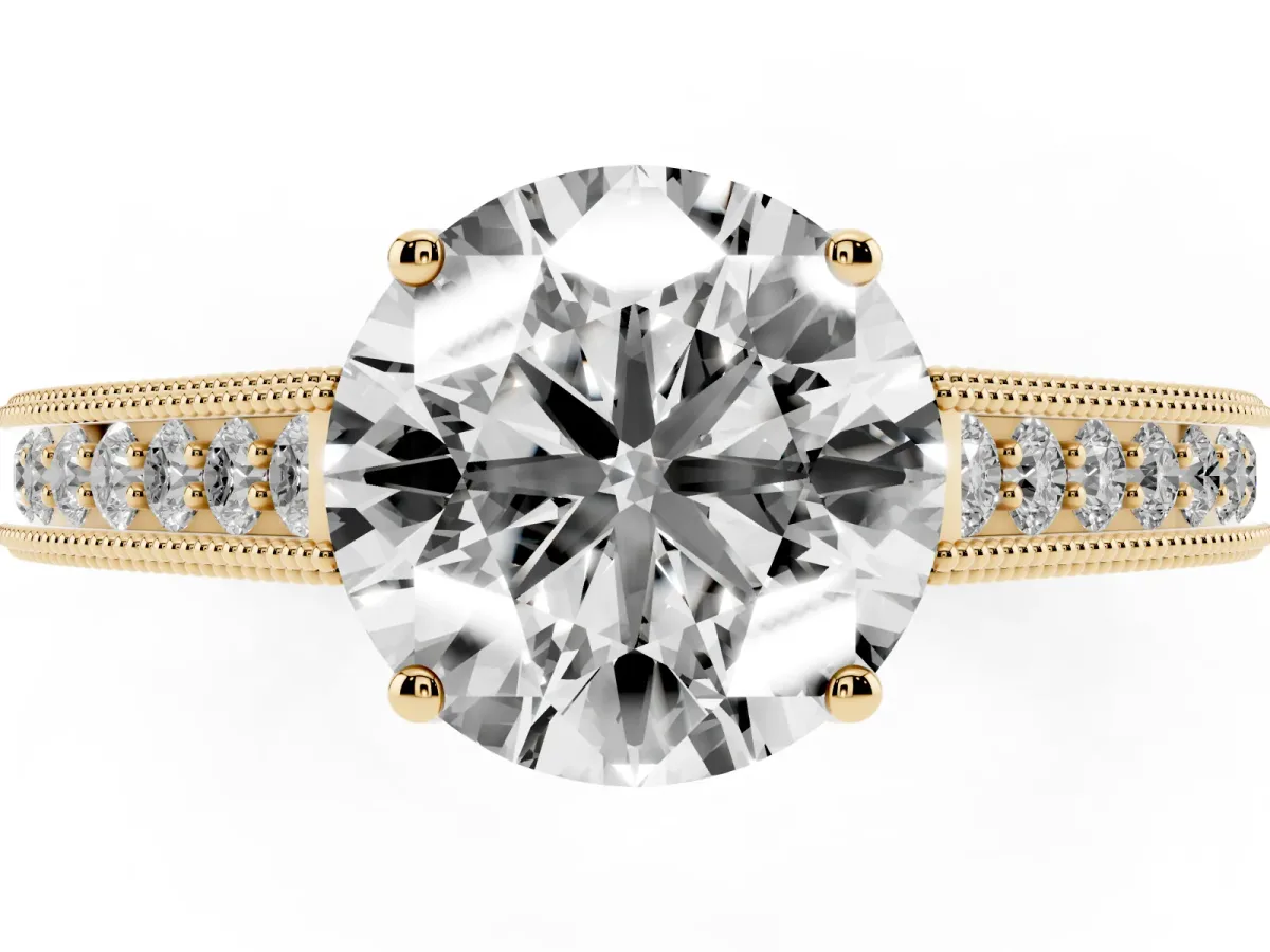 Round Cut Cut Pave Band Milgrain Solitaire Ring Yellow gold