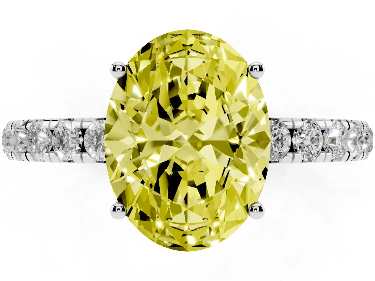 Fancy Yellow Oval Cut Diamond Pavé Solitaire Engagement Ring with Four-Prong Setting Platinum